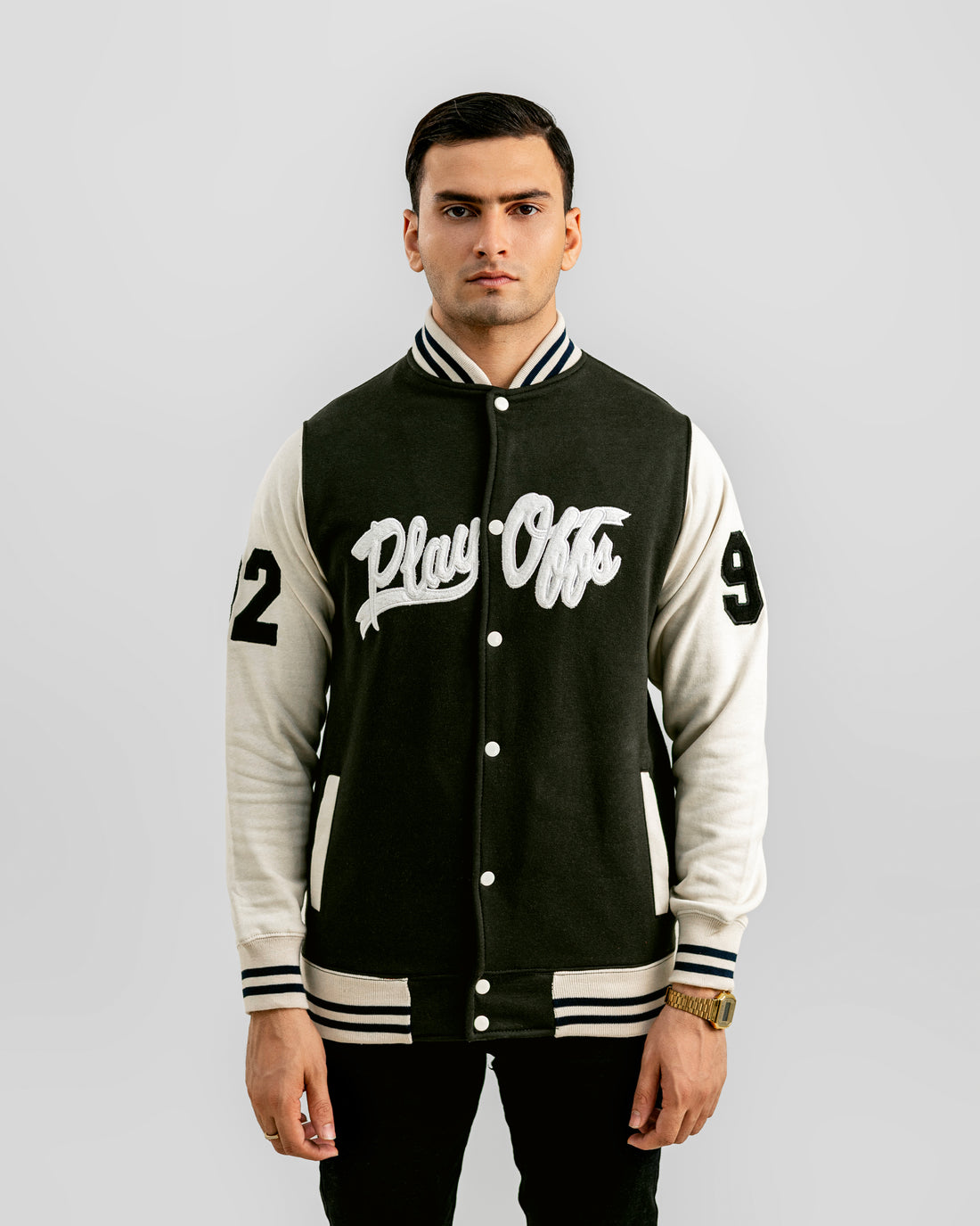 Exclusive charcoal varsity jacket