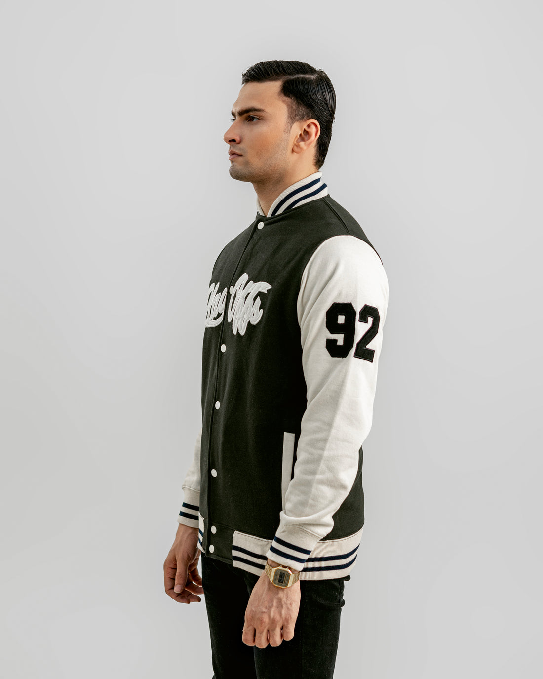 Exclusive charcoal varsity jacket