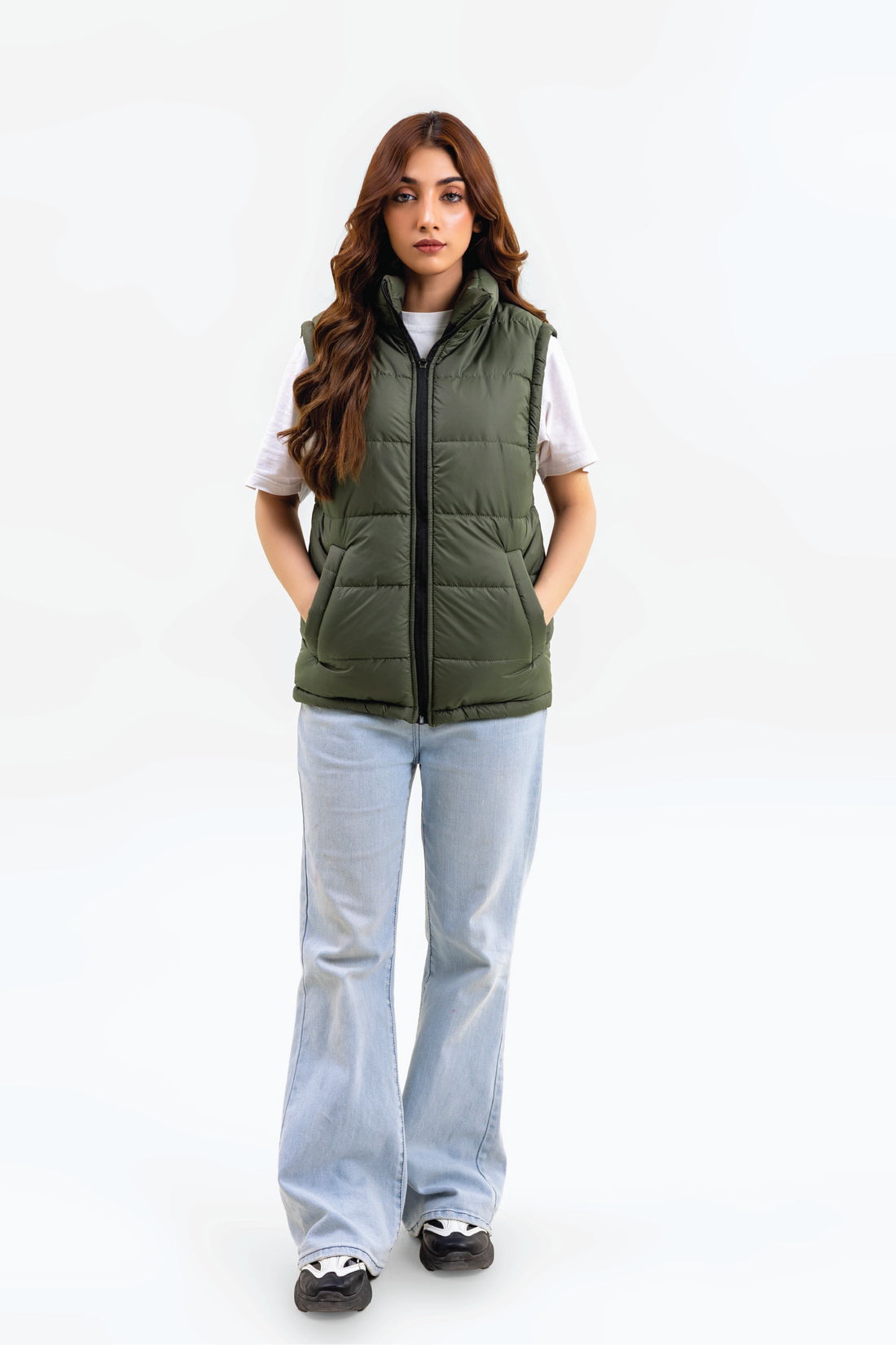 OLIVE SLEEVELESS PUFFER JACKET - F