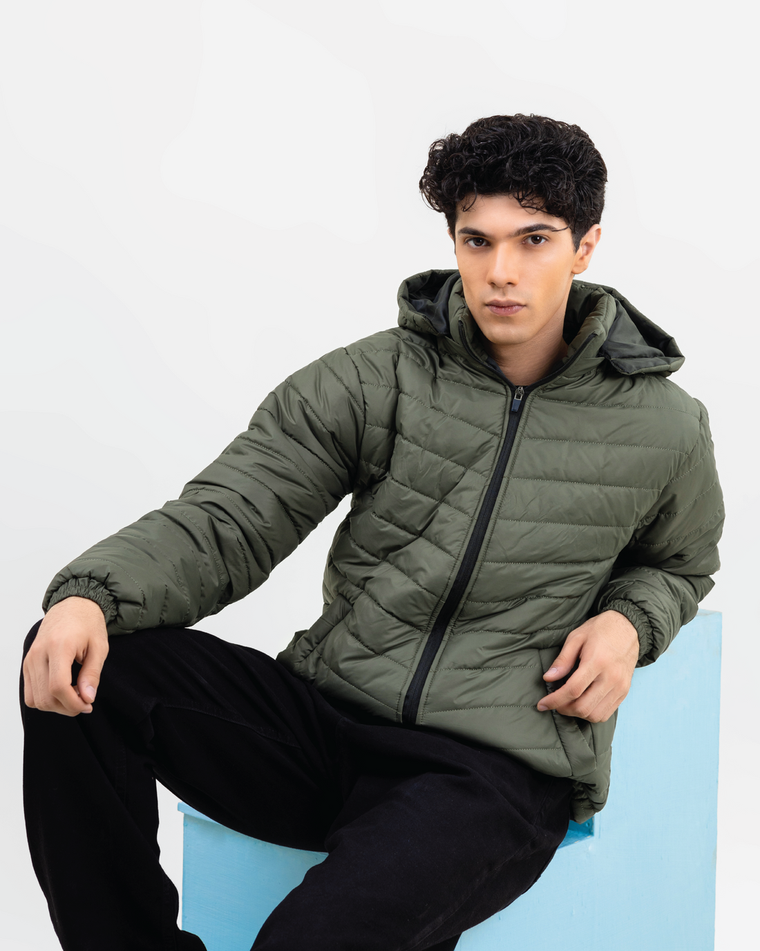 OLIVE FULL SLEEVE PUFFER JACKET