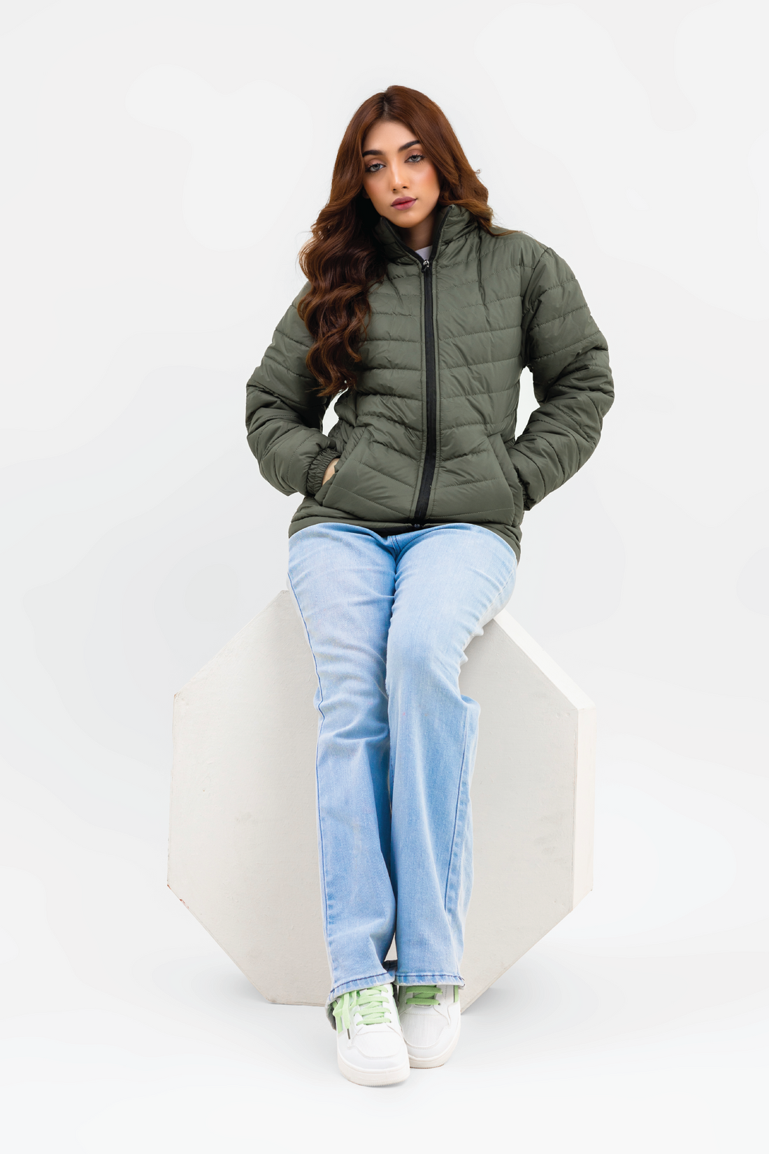 OLIVE FULL SLEEVE PUFFER JACKET - F