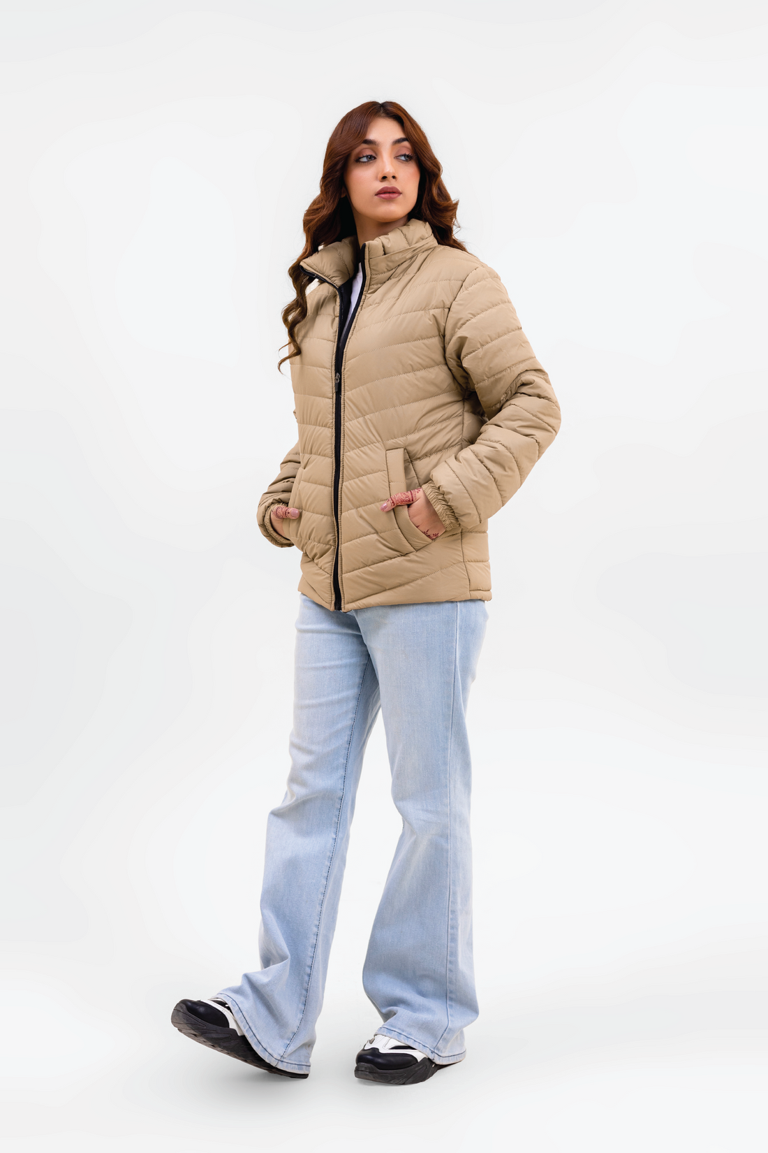 BEIGE FULL SLEEVE PUFFER JACKET - F